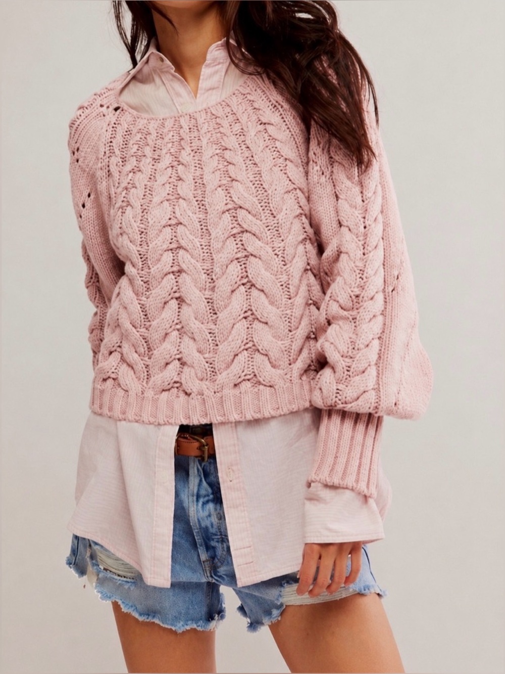 Free People Sandre Cable Knit Pullover Sweater - Blush Pink-Size XS